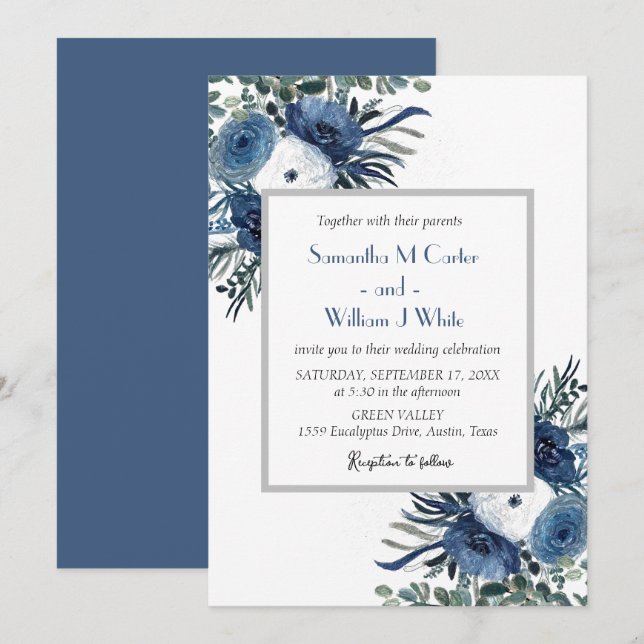 Invitation Eucalyptus bleu rustique (Devant / Derrière)