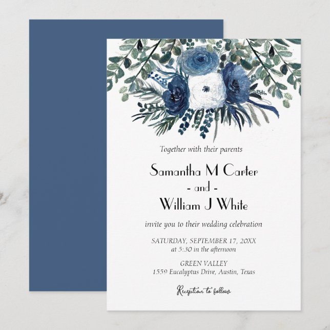 Invitation Eucalyptus bleu rustique (Devant / Derrière)