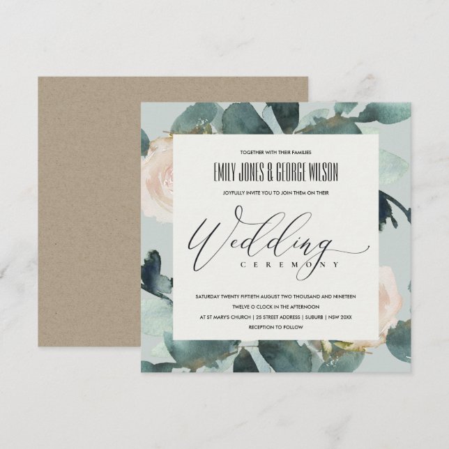 INVITATION EUCALYPTUS BLUSH ROSE GRAS KRAFT FOLIAGE MARIAGE (Devant / Derrière)