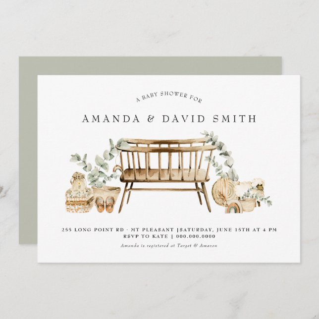 Invitation Eucalyptus Bohemian Baby shower Sage Green  (Devant / Derrière)