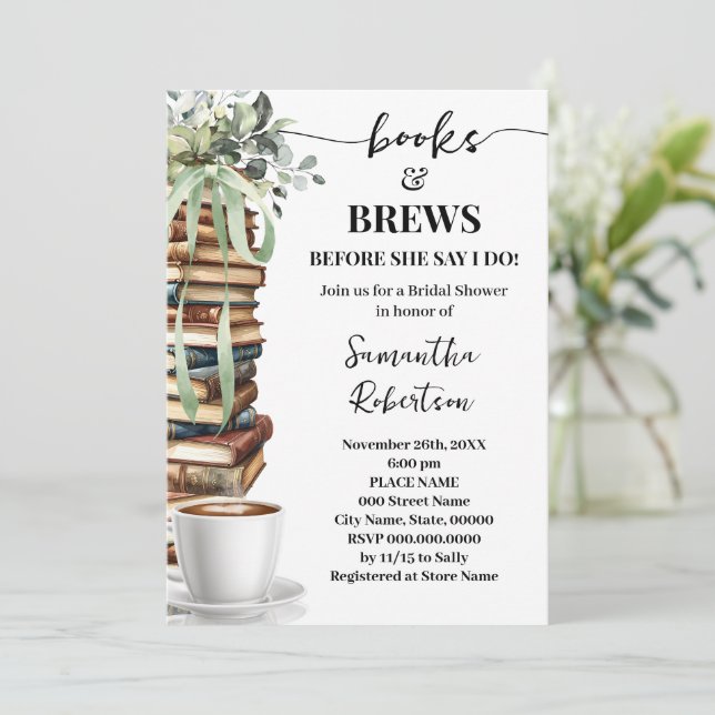 Invitation Eucalyptus Books & Brews Coffee Bridal Shower (Debout devant)