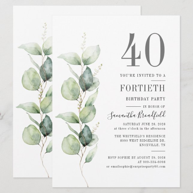 Invitation Eucalyptus Botanical 40ème Anniversaire (Devant / Derrière)