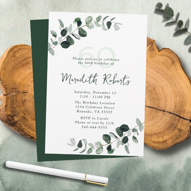 Invitation Eucalyptus Botanical Greenery 60e anniversaire (Eucalyptus Botanical Greenery Nature-Inspired 60th Birthday Party Invitation)