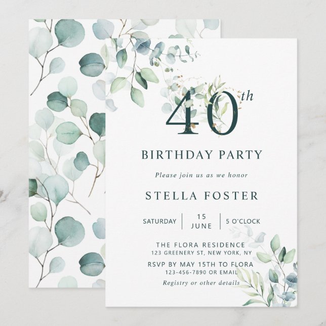 Invitation Eucalyptus Botanical Number 40th Birthday Party (Devant / Derrière)