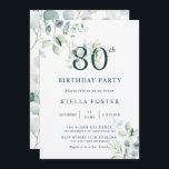 Invitation Eucalyptus Botanical Number 80th Birthday Party<br><div class="desc">Cette invitation à la fête de 70e anniversaire présente des eucalyptus peints à l'aquarelle et des feuilles verts avec des numéros botaniques vert et or.</div>