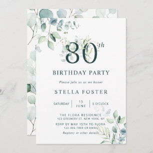 Invitation Eucalyptus Botanical Number 80th Birthday Party