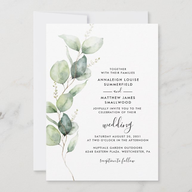 Invitation Eucalyptus Botanical QR Code Mariage minimal (Devant)