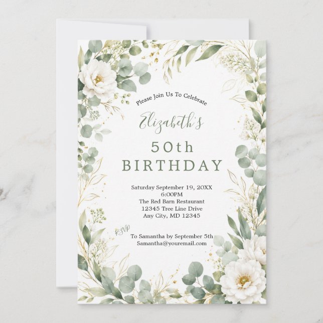 Invitation Eucalyptus Botanicals Fleurs Blanches 50e Annivers (Devant)
