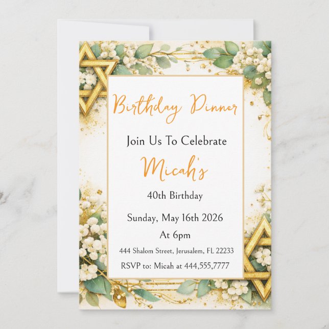 Invitation Eucalyptus Botanique Floral Or Doré Anniversaire  (Devant)