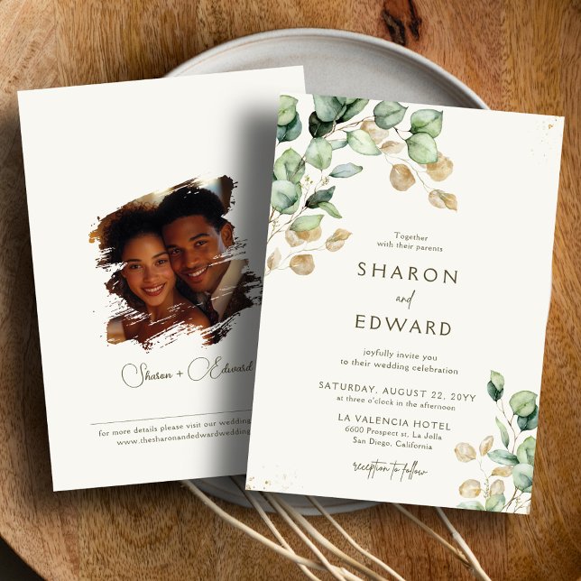 Invitation Eucalyptus Botanique Verdure & Or Mariage Photo (Créateur téléchargé)