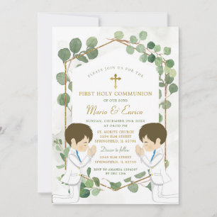 Invitation Eucalyptus Boy Twins Verdure Or Sainte Communion