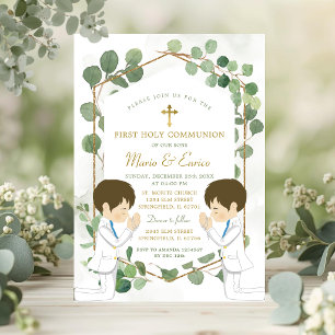 Invitation Eucalyptus Boy Twins Verdure Or Sainte Communion