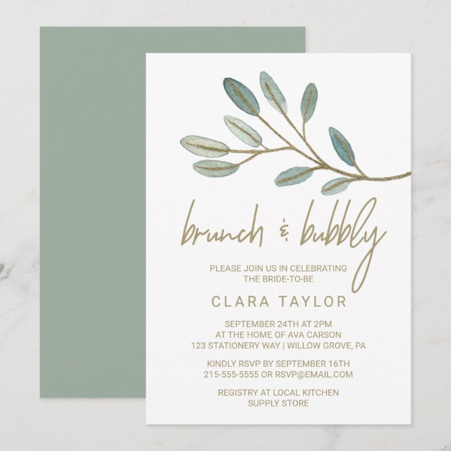Invitation Eucalyptus brunch à la veine d'or et Bubbly (Devant / Derrière)