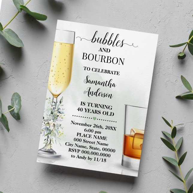 Invitation Eucalyptus Bubbles et Bourbon Adultes Anniversaire (Créateur téléchargé)