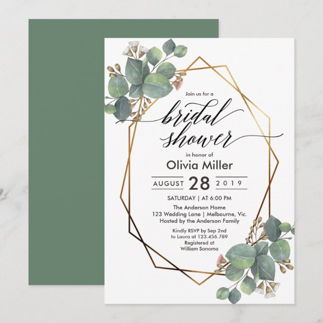 Invitation Eucalyptus cadre géométrique douche nuptiale invit (Devant / Derrière)
