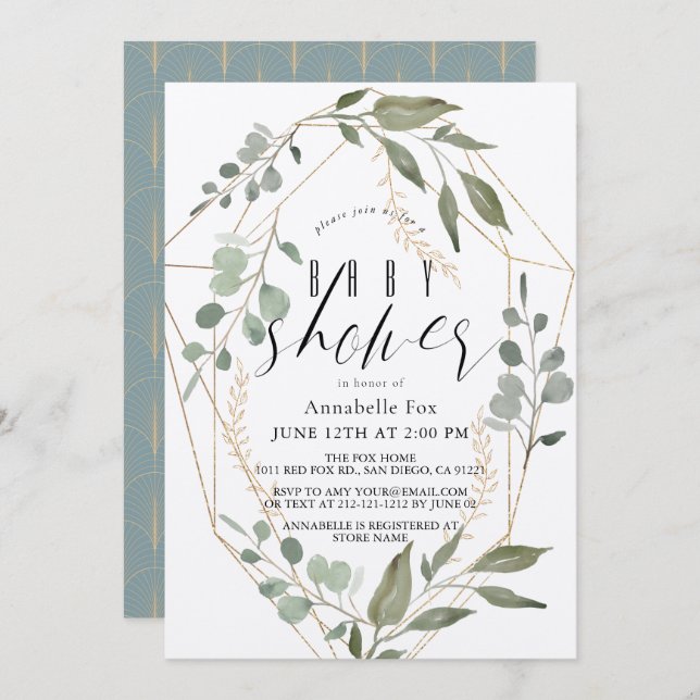 Invitation Eucalyptus Cadre géométrique or Baby shower vert (Devant / Derrière)