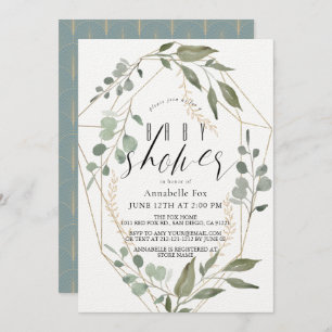 Invitation Eucalyptus Cadre géométrique or Baby shower vert