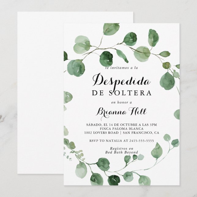 Invitation Eucalyptus Calligraphie espagnol Fête des mariées (Devant / Derrière)