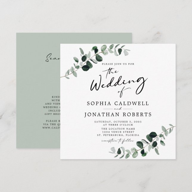 Invitation Eucalyptus Calligraphie QR Code Mariage Carré (Devant / Derrière)