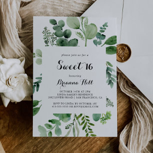 Invitation Eucalyptus Calligraphie Sweet 16 Anniversaire