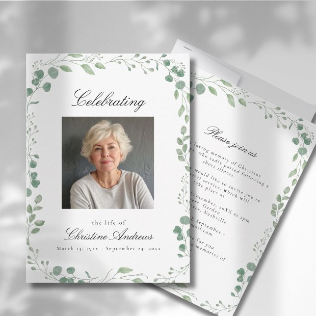 Invitation Eucalyptus Célébration de la vie Funérailles Blanc (Eucalyptus Celebration of Life Funeral White Invitation. Print & Instant Download.)