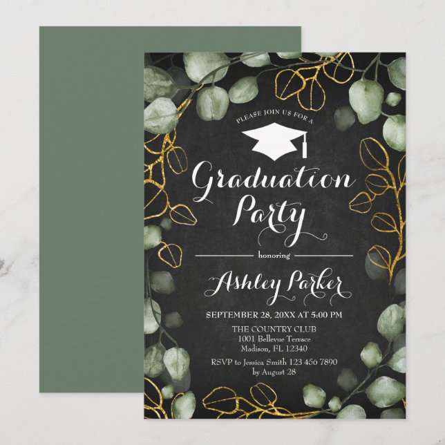 Invitation Eucalyptus Chalkboard Wreath Graduation Party (Devant / Derrière)