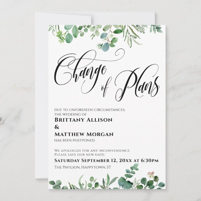 Invitation Eucalyptus Changement de plans Reporté Mariage (Devant)