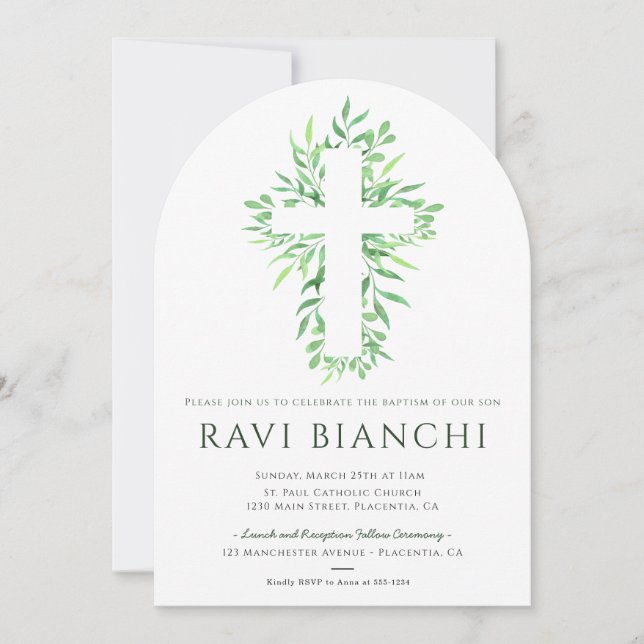 Invitation Eucalyptus Christening Vert Baptême (Devant)