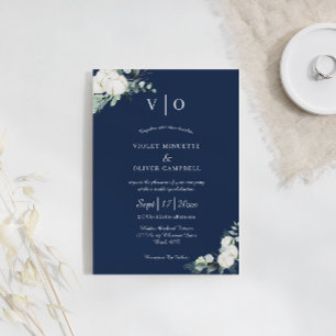 Invitation  Eucalyptus Cotton   Navy Modern Monogram Wedding