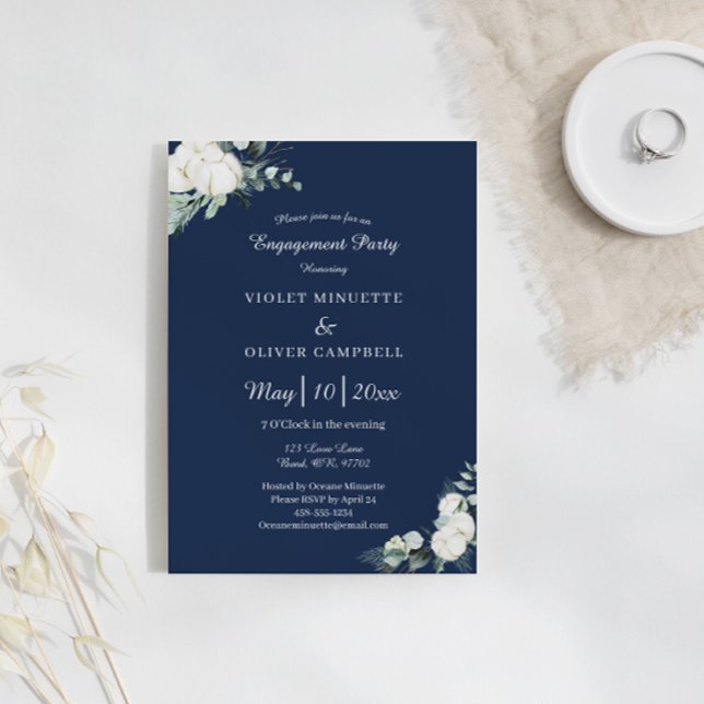 Invitation Eucalyptus Cotton Navy Modern v2 Partie d'engageme (Créateur téléchargé)
