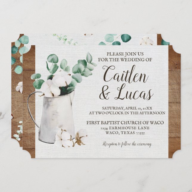 Invitation Eucalyptus Cotton Timbre Shiplap Ferme Mariage (Devant / Derrière)