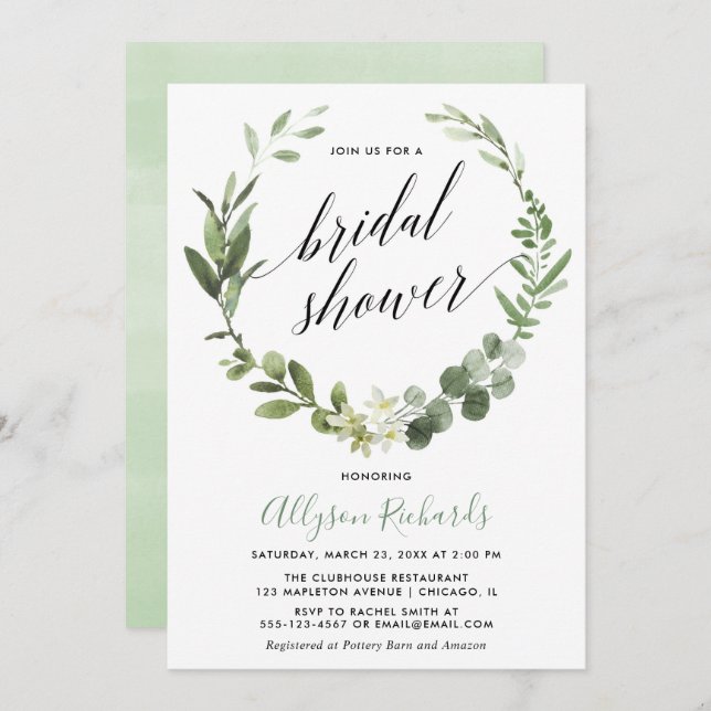 Invitation Eucalyptus couronne femme neutre douche nuptiale (Devant / Derrière)