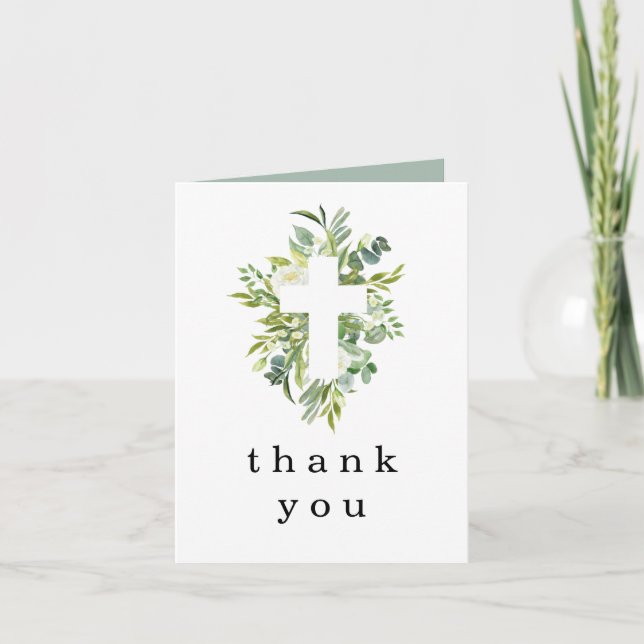 Invitation Eucalyptus Cross Baptême Christening Merci (Devant)