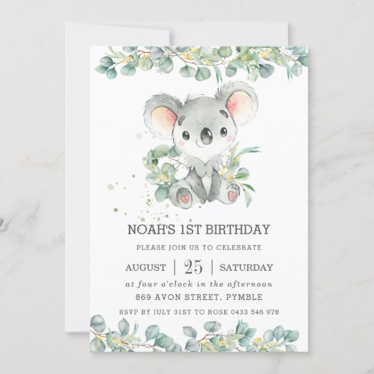 Invitation Eucalyptus Cute Koala Fete D Anniversaire Zazzle Fr