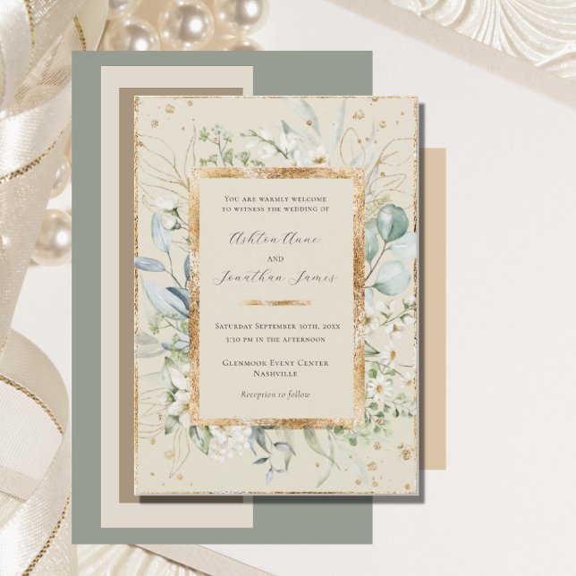 Invitation Eucalyptus Daisies Gold Crème Mariage élégant (Créateur téléchargé)
