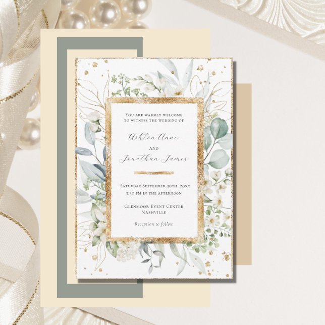 Invitation Eucalyptus Daisies Gold Mariage élégant (Créateur téléchargé)