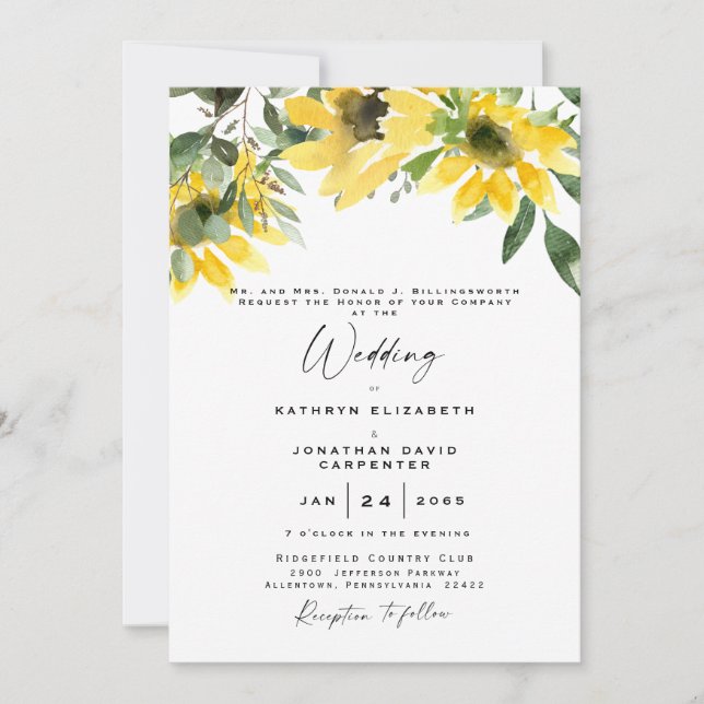 Invitation Eucalyptus de tournesol Elegant Mariage d'aquarell (Devant)