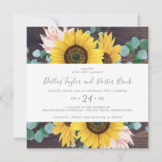 Invitation Eucalyptus de tournesol russe | Mariage Carré bois (Devant)