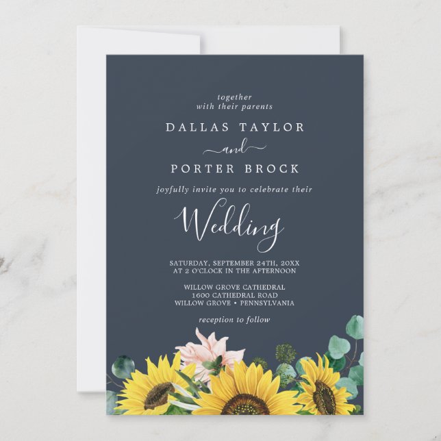 Invitation Eucalyptus de tournesol russe | Mariage de marine (Devant)