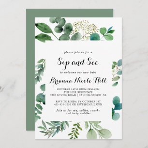 Invitation Eucalyptus de verdure Calligraphie Sip and See