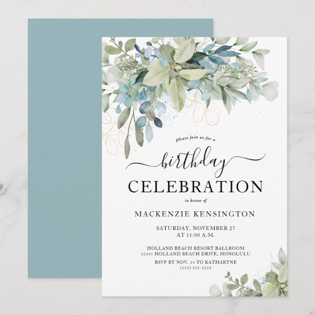 Invitation Eucalyptus Dusty Blue fête d'anniversaire (Devant / Derrière)