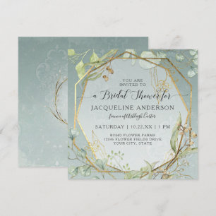 Invitation Eucalyptus Dusty Blue Gold Hexagon Fête des mariée