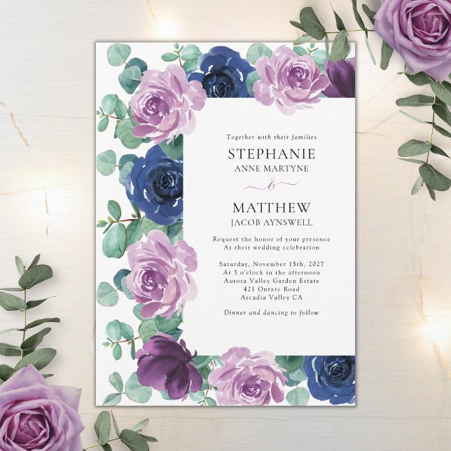 Invitation Eucalyptus Dusty Mauve Mariage botanique bleu mari (Créateur téléchargé)