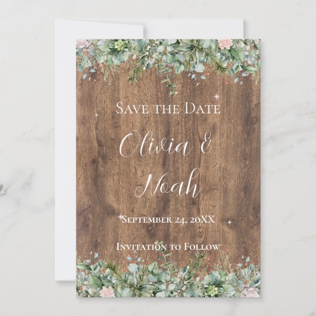 Invitation Eucalyptus Dusty Rose Save the Date | Végétalisati (Devant)