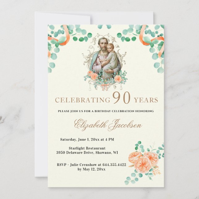 Invitation Eucalyptus Écriture Religieux Anniversaire Rosaire (Devant)