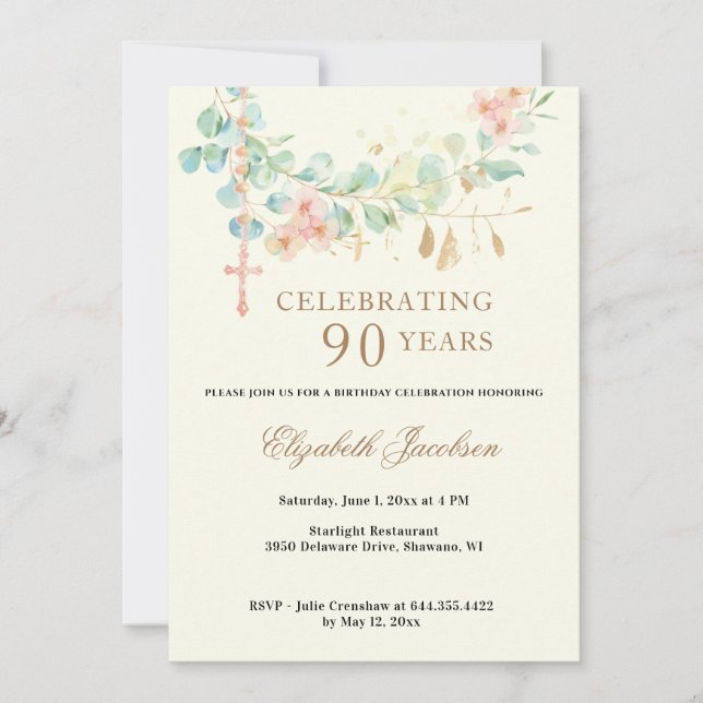 Invitation Eucalyptus Écriture Religieux Anniversaire Rosaire (Devant)