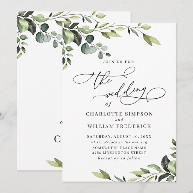Invitation Eucalyptus élégant aquarelle verdure mariage (Devant / Derrière)