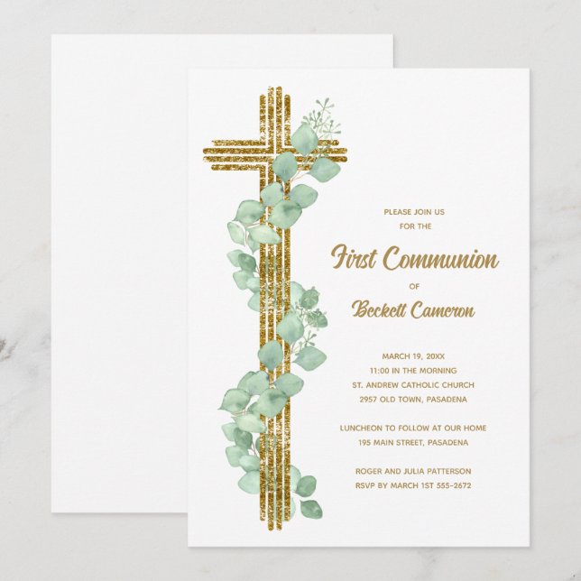 Invitation Eucalyptus Élégant et Première Communion croix (Devant / Derrière)