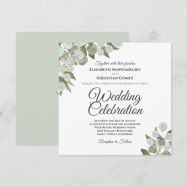 Invitation Eucalyptus Elégant mariage (Devant / Derrière)