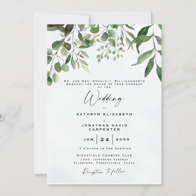 Invitation Eucalyptus Elégant Mariage d'aquarelle I (Devant)